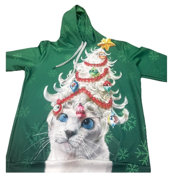 Christmas Cat Green Pullover Hoodie XL - Picture 2 of 6